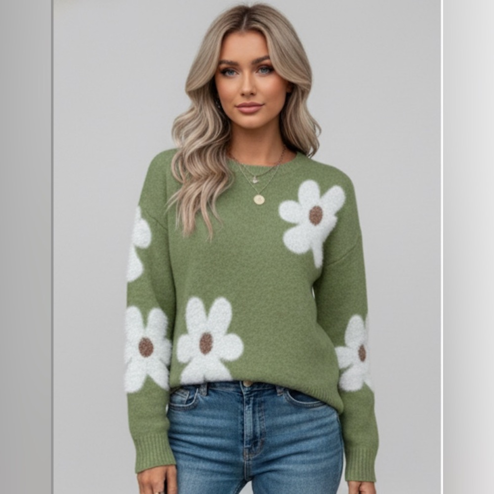 Green Fuzzy Floral Pattern Drop Shoulder Sweater